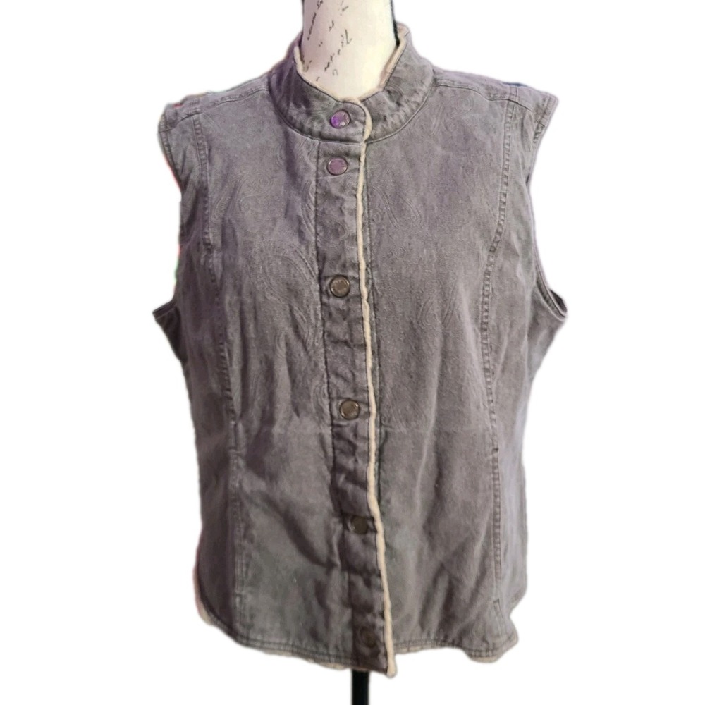 J. Jill Womens Large Paisley Embossed Button Front Vest Sherpa Lined Gray‎